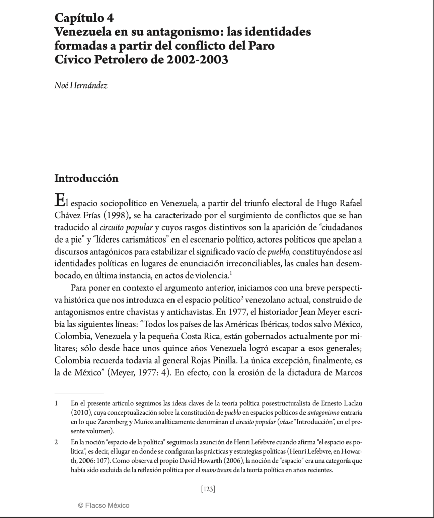 Capítulo de libro: Venezuela en su antagonismo: las identidades formadas a partir del conflicto del Paro Cívico Petrolero de 2002-2003.